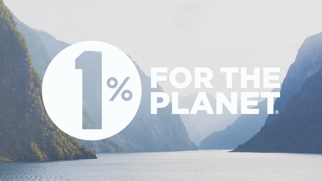 1% for the Planet logo over a mountain lake