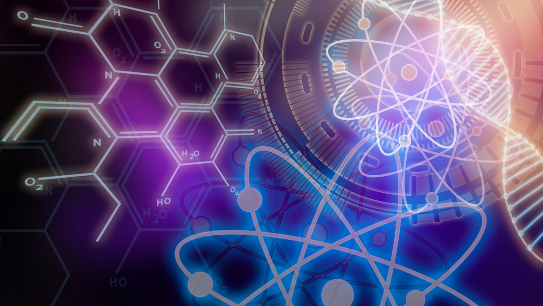 Atom, DNA, Science symbols in neon glow